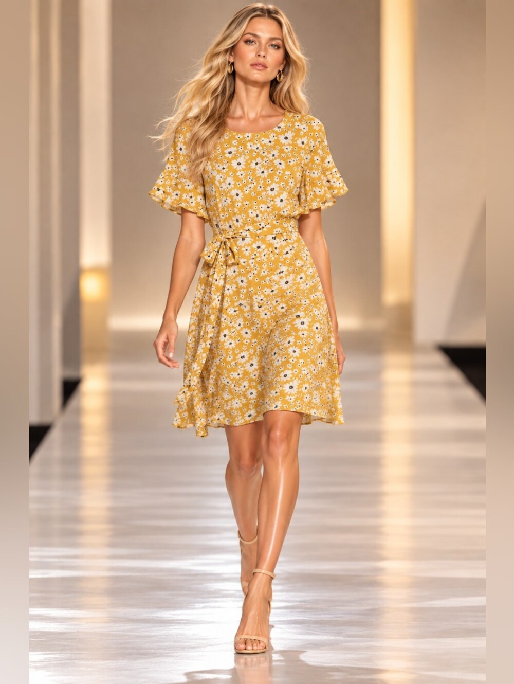 Roolee Yellow Floral Dress Tie Waist Flutter Sleeve Size M